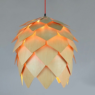 1-Light Drop Pendant Minimalist Style Pine Cones Shape Wood Hanging Light Kit