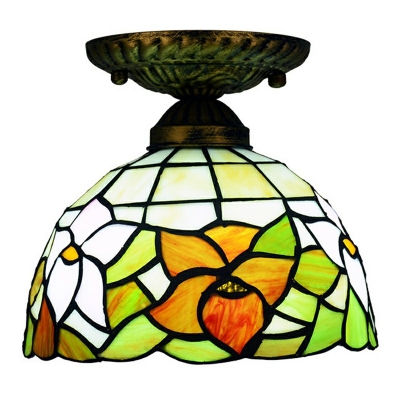 1-Light Flush Mount Lighting Tiffany Style Cone Shape Glass Ceiling Mounted Fixture