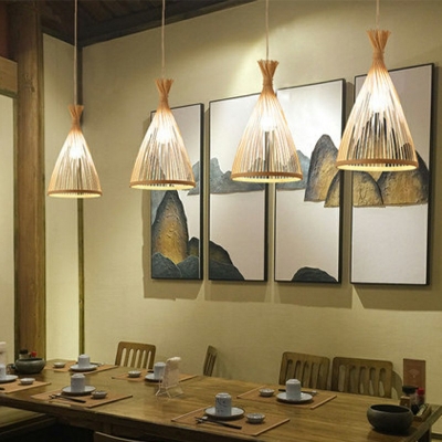 1-Light Hanging Light Fixtures Asian Style Cone Shape Rattan Down Lighting Pendant