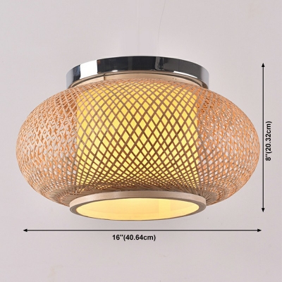 1-Light Flush Mount Lighting Asian Style Cage Shape Ratten Ceiling Light Fixture