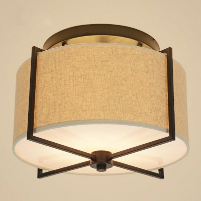 5-light Semi Flush Mount Light Traditional Style Drum Shape Fabric Ceiling Mounted Fixture