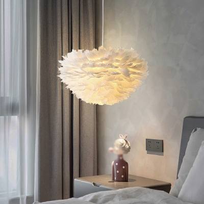 White  Drop Lamp Feather Shade  Simplicity Style Feather Suspended Lighting Fixture for Living Room
