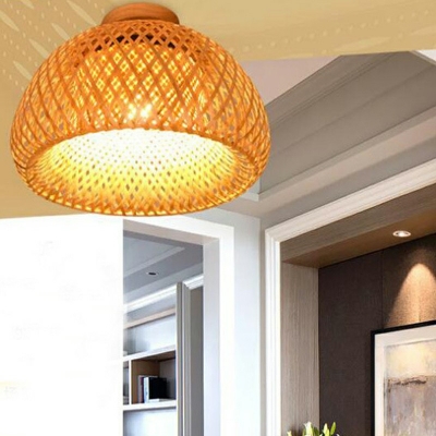 1-Light Flush Mount Lighting Asian Style Cage Shape Ratten Ceiling Mounted Fixture