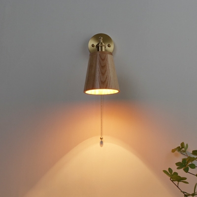 1-Light Sconce Lights Minimalism Style Cone Shape Wood Wall Mount Light