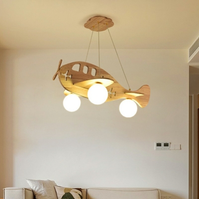 3-Light Pendant Chandelier Minimalist Style Airplane Shape Wood Hanging Ceiling Light