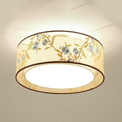 5-Light Flush Mount Fixture Traditional Style Drum Shape Fabric Ceiling Mounted Light