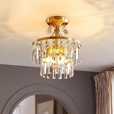 Gold Semi Flush Mount Round Shade Simplicity Style Crystal Semi Flush Light Fixtures for Living Room