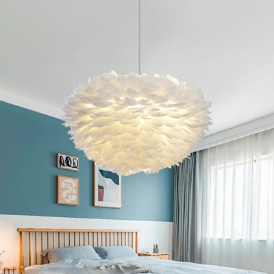 White  Drop Lamp Feather Shade  Modern Style Feather Suspended Lighting Fixture for Living Room
