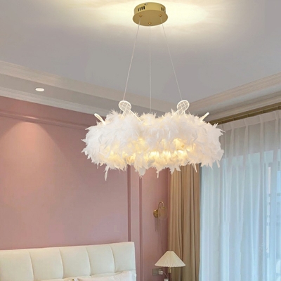 White  Drop Lamp Round Shade  Simplicity Style Feather Suspended Lighting Fixture for Living Room
