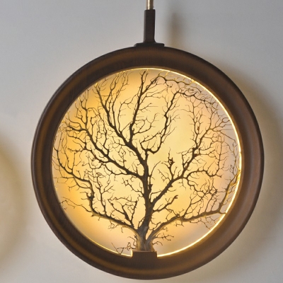 Round Shade Simple Down Lighting LED Wood Suspension Pendant for Bedroom