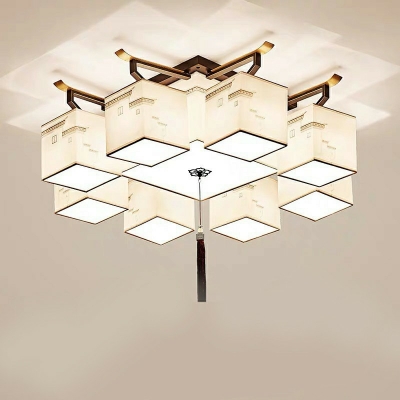 12-Light Flush Mount Fixture Traditional Style Square Shape Fabric Ceiling Lamp