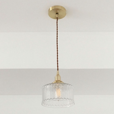 Mid-Century Drum Tapered Pendant Light Ribbed Glass Ceiling Pendant Light