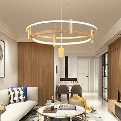 Yellow Hanging Lamp Round Shade Modern Style Wood Pendant Light for Living Room