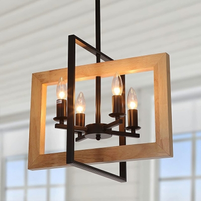 4-Light Chandelier Lighting Fixture Minimalist Style Rectangle Shape Wood Hanging Ceiling Light