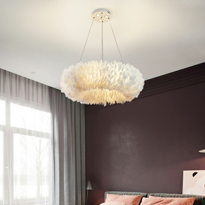 White  Chandelier Pendant Light Round Shade  Simplicity Style Feather Pendant Light for Living Room