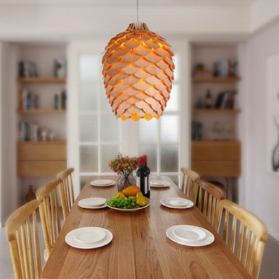 Yellow Ceiling Lamp Pineapple Shade  Simplicity Style Wood Suspended Lighting Fixture for Living Room