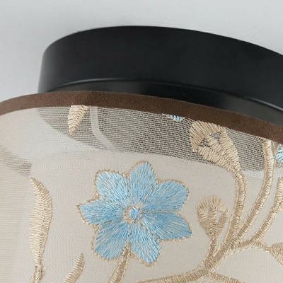 1-Light Flush Mount Fixture Traditional Style Cylinder Shape Fabric Ceiling Lamp