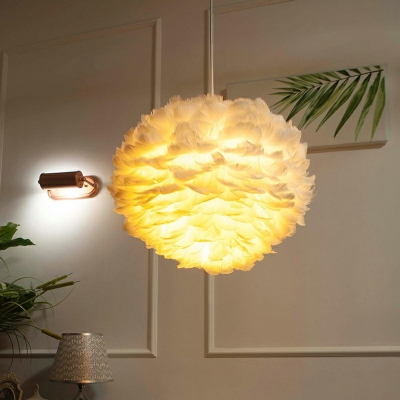 White  Ceiling Lamp Round Shade  Modern Style Feather Suspended Lighting Fixture for Living Room