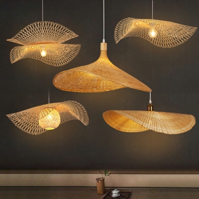 Hanging Lamp Hat Shade Modern Style Bamboo Chandelier Pendant Light for Living Room