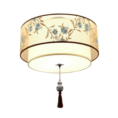 3-Light Flush Mount Fixture Traditional Style Drum Shape Fabric Ceiling Mounted Light