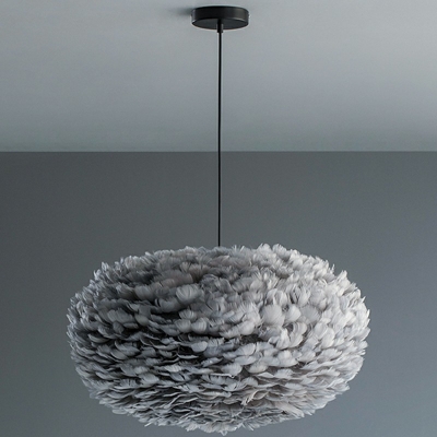 Gray Drop Lamp Round Shade  Simplicity Style Feather Suspended Lighting Fixture for Living Room