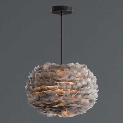 Gray Drop Lamp Round Shade  Simplicity Style Feather Suspended Lighting Fixture for Living Room