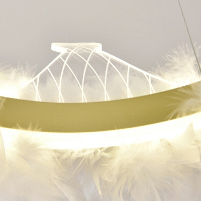 White  Drop Lamp Round Shade  Simplicity Style Feather Suspended Lighting Fixture for Living Room