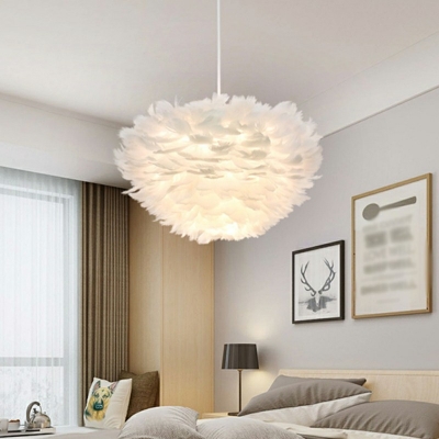 White  Chandelier Lamp Feather Shade  Simplicity Style Feather Pendant Light for Living Room