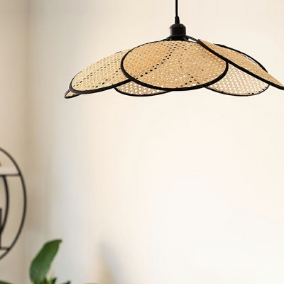 Yellow Pendant Light Kit Round Shade  Simplicity Style Bamboo Weaving Ceiling Lamp for Living Room