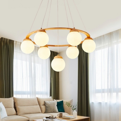7-Light Chandelier Lighting Fixture Minimalist Style Round Shape Wood Hanging Ceiling Light