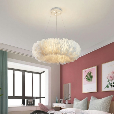 White  Chandelier Pendant Light Round Shade  Simplicity Style Feather Pendant Light for Living Room