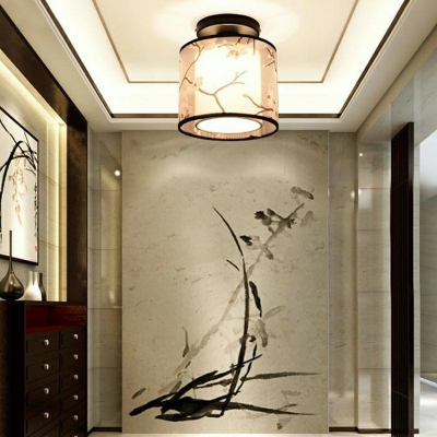 1-Light Flush Mount Lighting Traditional Style Cylinder Shape Fabric Ceiling Lamp