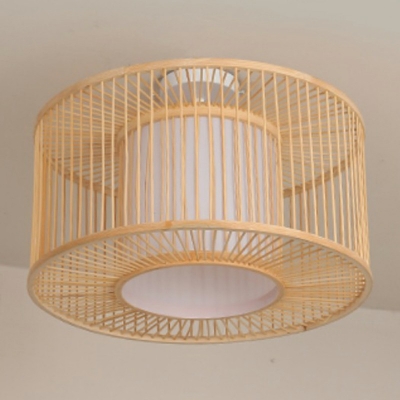 1-Light Flush Mount Pendant Light Asian Style Cage Shape Ratten Ceiling Mounted Fixture