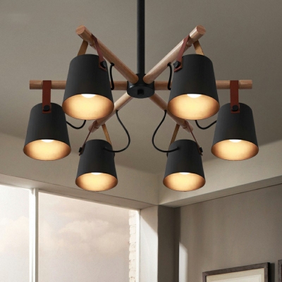 4-Light Chandelier Lighting Fixture Minimalist Style Cone Shape Wood Hanging Ceiling Light