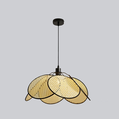Yellow Pendant Light Kit Round Shade  Simplicity Style Bamboo Weaving Ceiling Lamp for Living Room