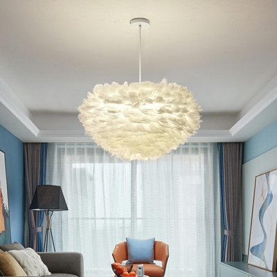 White  Ceiling Lamp Feather Shade  Modern Style Feather Suspended Lighting Fixture for Living Room