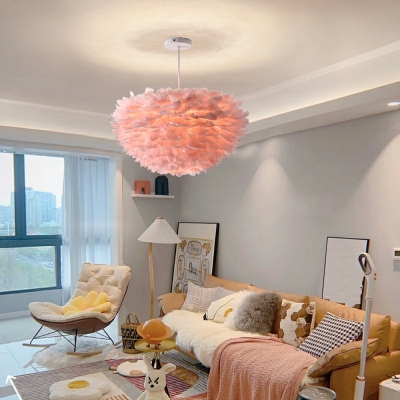 Pink Drop Lamp Feather Shade  Simplicity Style Feather Suspended Lighting Fixture for Living Room
