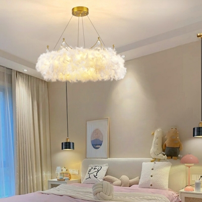 White  Drop Lamp Crown Shade  Simplicity Style Feather Suspended Lighting Fixture for Living Room