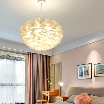 4-Light Hanging Ceiling Light Modern Style Globe Shape Feather Chandelier Lighting