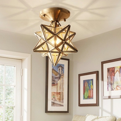 Brass Traditional Semi Flush Ceiling Light Fixtures Glass Close to Ceiling Lamp for Bedroom