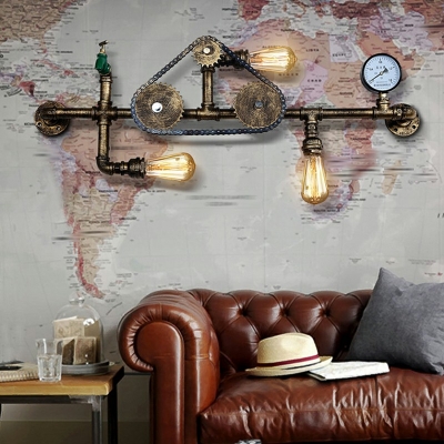 Industrial Style 3-Bulb Pipe Wall Sconce Lamp Fixture Wrought Iron Wall Mounted Light for Cafe
