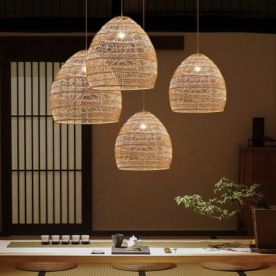 Rattan Pendant Light Single Bulb Open-Weave Shade Hanging Lamp