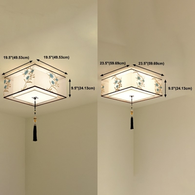 3-Light Flush Mount Lamp Traditional Square Drum Shape Fabric Close To Ceiling Light