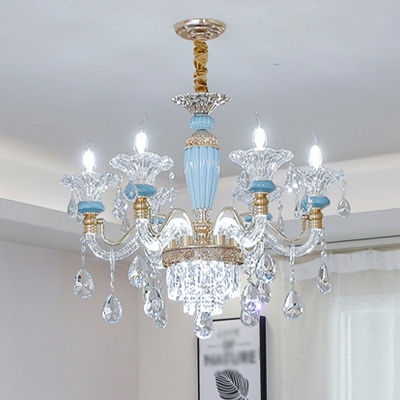 Flared Hanging Chandelier European Style Beveled K9 Crystal 6 Lights Chandelier Light in Blue