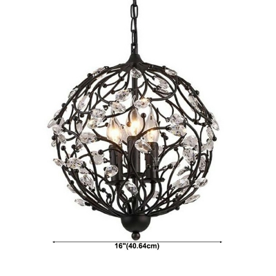 Black Globe Chandelier Lamp Modern Style Crystals 3 Lights Chandelier Light Fixture