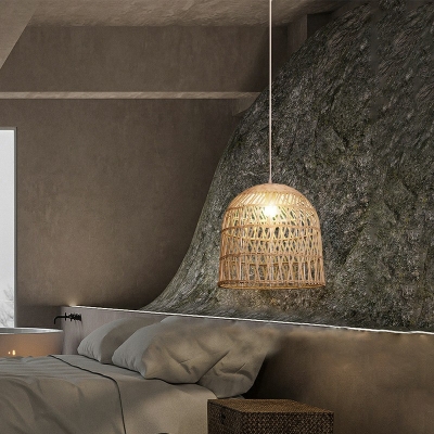 1 Light Cloche Pendant Fixture Modern Style Rattan Lighting In Beige Beautifulhalo Com - Rattan Cloche Pendant Ceiling Light