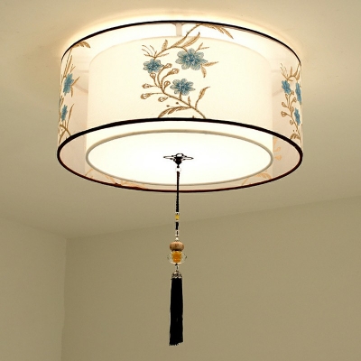 3-Light Flush Mount Lamp Traditional Square Drum Shape Fabric Close To Ceiling Light