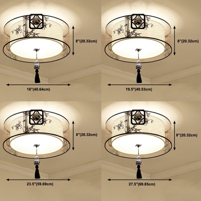 3-Light Flush Chandelier Traditional Style Drum Shape Fabric Third Gear Ceiling Light Fixtures