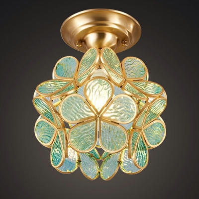 Flower Glass Close to Ceiling Lighting Brass Traditional Semi Flush Ceiling Lights for Bedroom