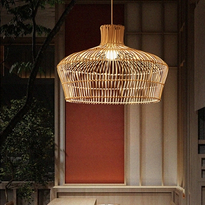 1 Light Hot Pot-Shaped Pendant Light Fixture Modern Style Rattan Pendant Lighting in Beige